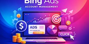 Modern gradient tech illustration showing Bing Ads account management with PPC icons, charts, and ad analytics in your brand colors.
