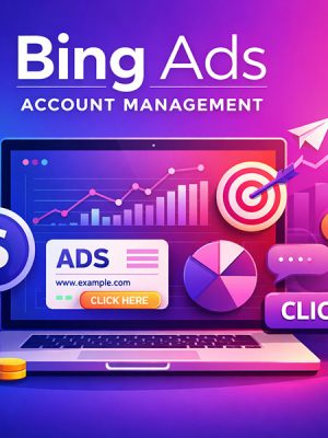 Modern gradient tech illustration showing Bing Ads account management with PPC icons, charts, and ad analytics in your brand colors.