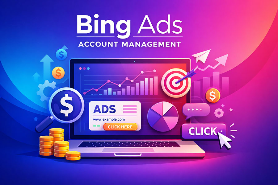 Modern gradient tech illustration showing Bing Ads account management with PPC icons, charts, and ad analytics in your brand colors.