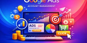 Modern gradient tech illustration showing Google Ads account management with PPC charts, analytics, and ad performance icons in your brand colors