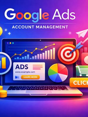Modern gradient tech illustration showing Google Ads account management with PPC charts, analytics, and ad performance icons in your brand colors