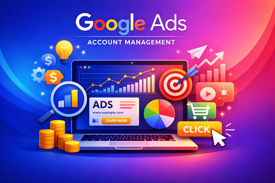 Modern gradient tech illustration showing Google Ads account management with PPC charts, analytics, and ad performance icons in your brand colors