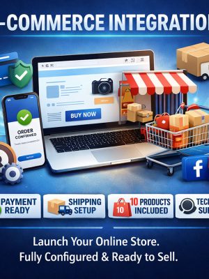 E-Commerce Integration product image showing a laptop and smartphone with online store screens, shopping cart, payment, shipping, and support icons.