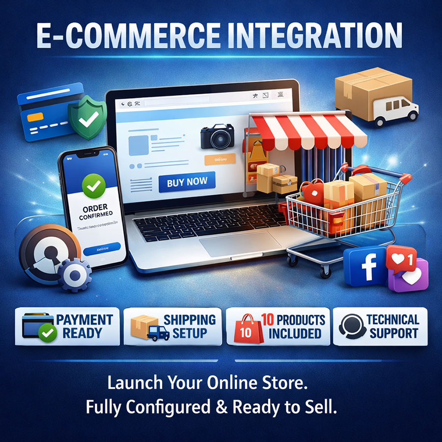 E-Commerce Integration product image showing a laptop and smartphone with online store screens, shopping cart, payment, shipping, and support icons.