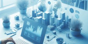 Professional workspace with laptop displaying analytics and data charts, surrounded by holographic digital cityscape and global network icons, symbolizing website optimization, data analysis, and digital performance improvement.