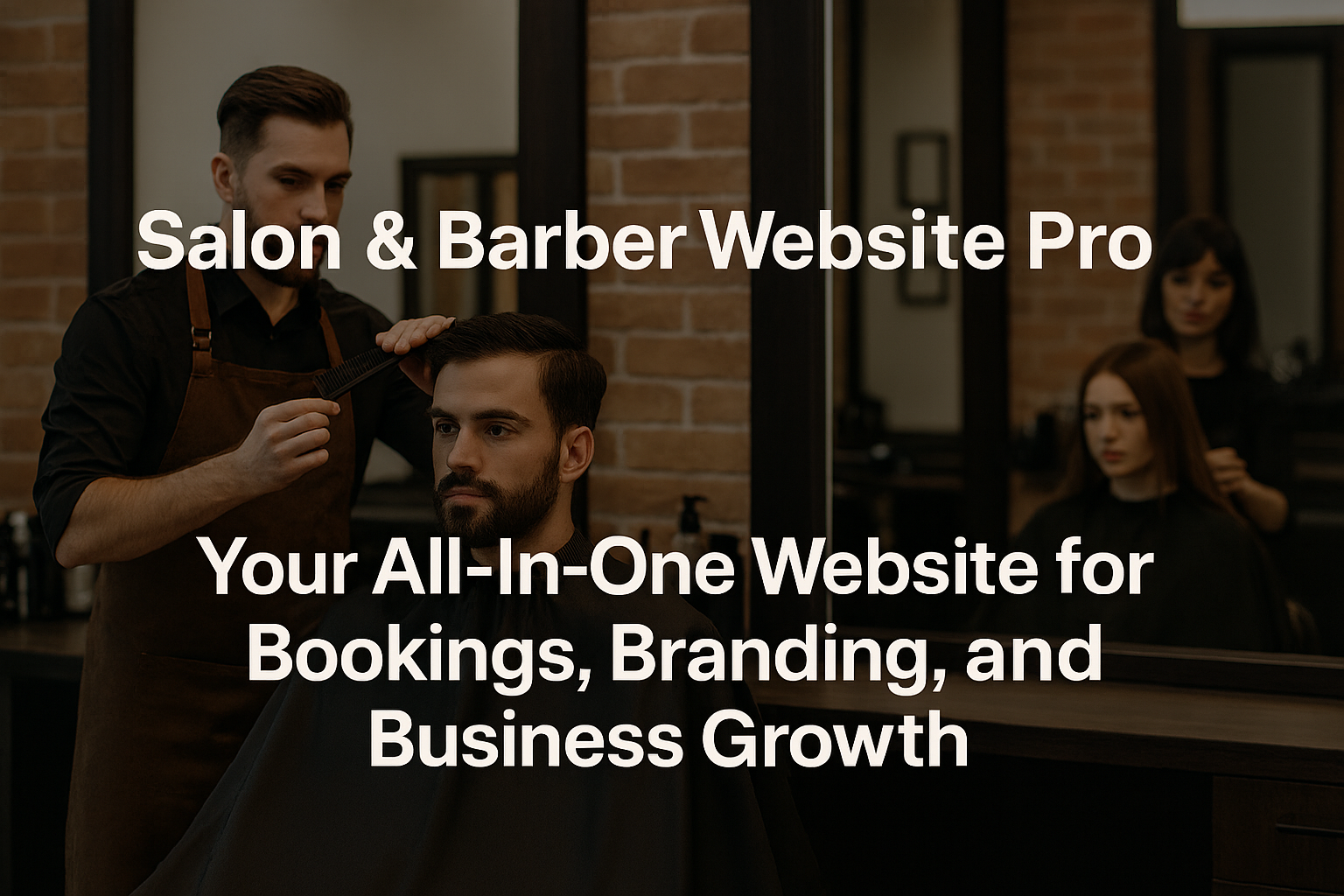Professional barbershop and salon scene with stylists working, overlaid with promotional website text.