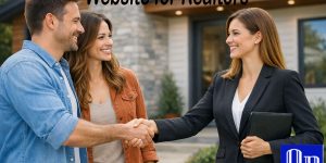 Young female realtor in a V-neck suit shaking hands with a smiling couple in front of a modern suburban house.