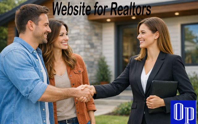 Young female realtor in a V-neck suit shaking hands with a smiling couple in front of a modern suburban house.