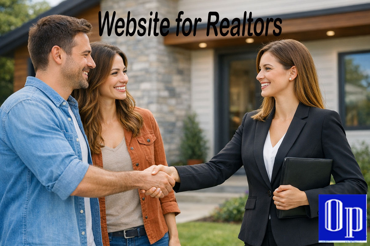 Young female realtor in a V-neck suit shaking hands with a smiling couple in front of a modern suburban house.