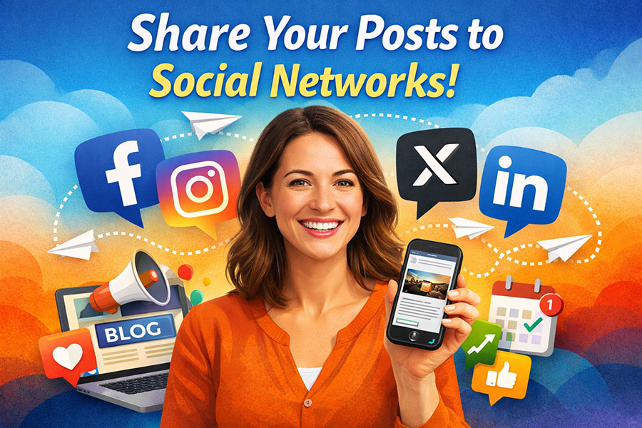 Smiling Optiweb Canada member holding a smartphone with social media icons around them, representing automatic sharing of posts to Facebook, Instagram, X, and LinkedIn.