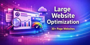Modern gradient illustration representing large website optimization for 30+ page websites, featuring analytics charts, speedometer, magnifying glass, and glowing digital interface in Optiweb Canada brand colors.