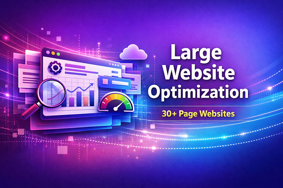 Modern gradient illustration representing large website optimization for 30+ page websites, featuring analytics charts, speedometer, magnifying glass, and glowing digital interface in Optiweb Canada brand colors.