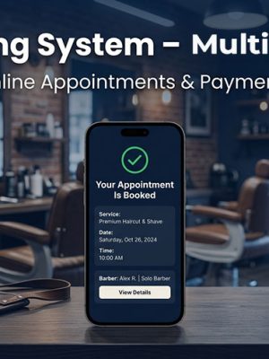 A smartphone mockup showing a booking confirmation screen over a real barbershop background with a blue overlay. Text reads “Booking System – Multiple Barbers” and “Online Appointments & Payments.”