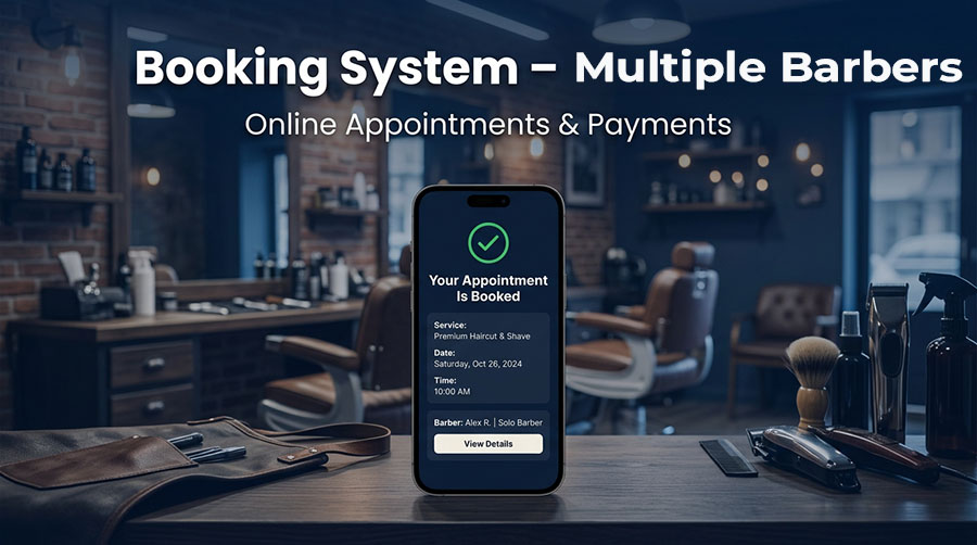 A smartphone mockup showing a booking confirmation screen over a real barbershop background with a blue overlay. Text reads “Booking System – Multiple Barbers” and “Online Appointments & Payments.”