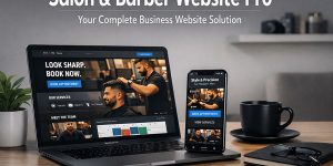 Laptop and smartphone on a modern studio desk displaying a salon and barber website with booking options. Text reads “Salon & Barber Website Pro – Your Complete Business Website Solution.”