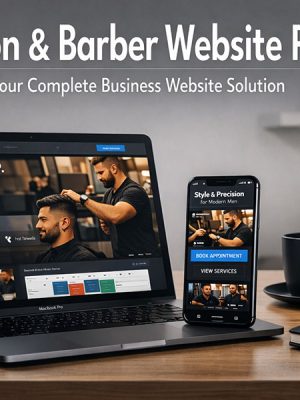 Laptop and smartphone on a modern studio desk displaying a salon and barber website with booking options. Text reads “Salon & Barber Website Pro – Your Complete Business Website Solution.”