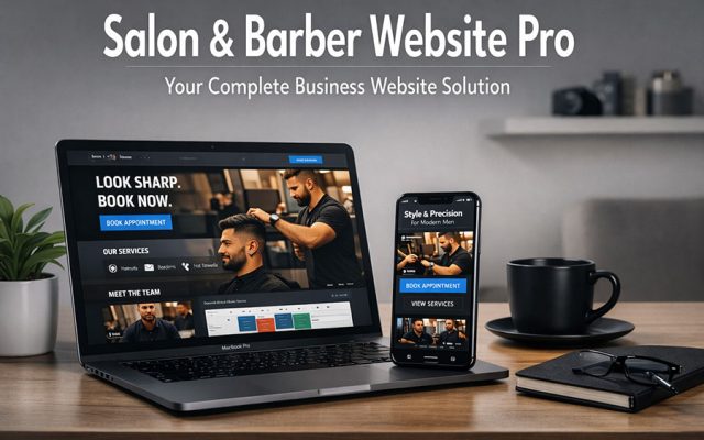 Laptop and smartphone on a modern studio desk displaying a salon and barber website with booking options. Text reads “Salon & Barber Website Pro – Your Complete Business Website Solution.”