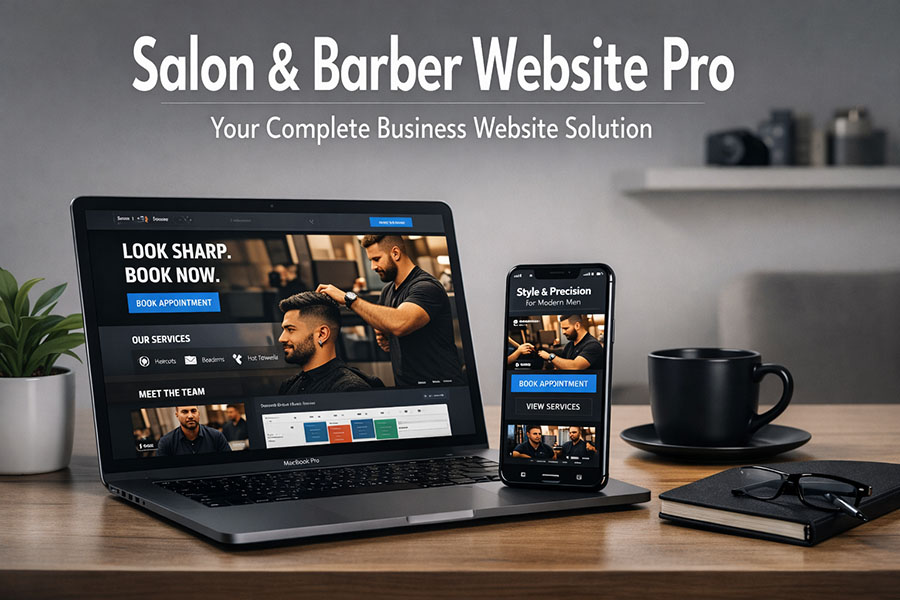 Laptop and smartphone on a modern studio desk displaying a salon and barber website with booking options. Text reads “Salon & Barber Website Pro – Your Complete Business Website Solution.”