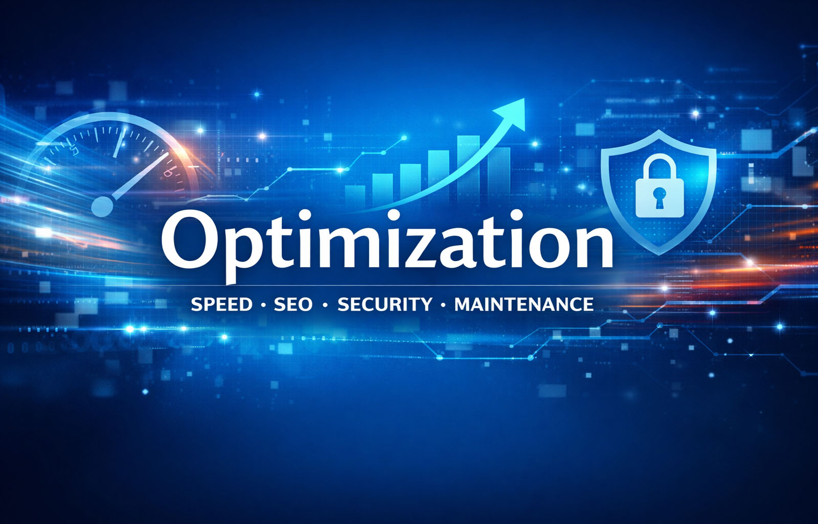 “Optimization category header featuring the word Optimization with a blue tech background, speedometer graphic, upward performance chart, and security shield icon representing speed, SEO, security, and maintenance services.”
