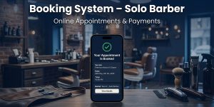 A smartphone mockup showing a booking confirmation screen over a real barbershop background with a blue overlay. Text reads “Booking System – Solo Barber” and “Online Appointments & Payments.”