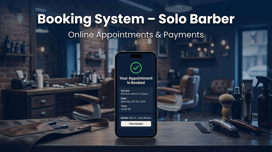 A smartphone mockup showing a booking confirmation screen over a real barbershop background with a blue overlay. Text reads “Booking System – Solo Barber” and “Online Appointments & Payments.”