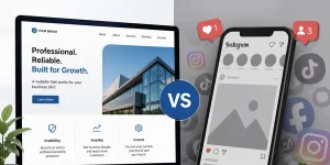 Comparison between a professional website and social media platforms showing stability versus fast‑paced trends