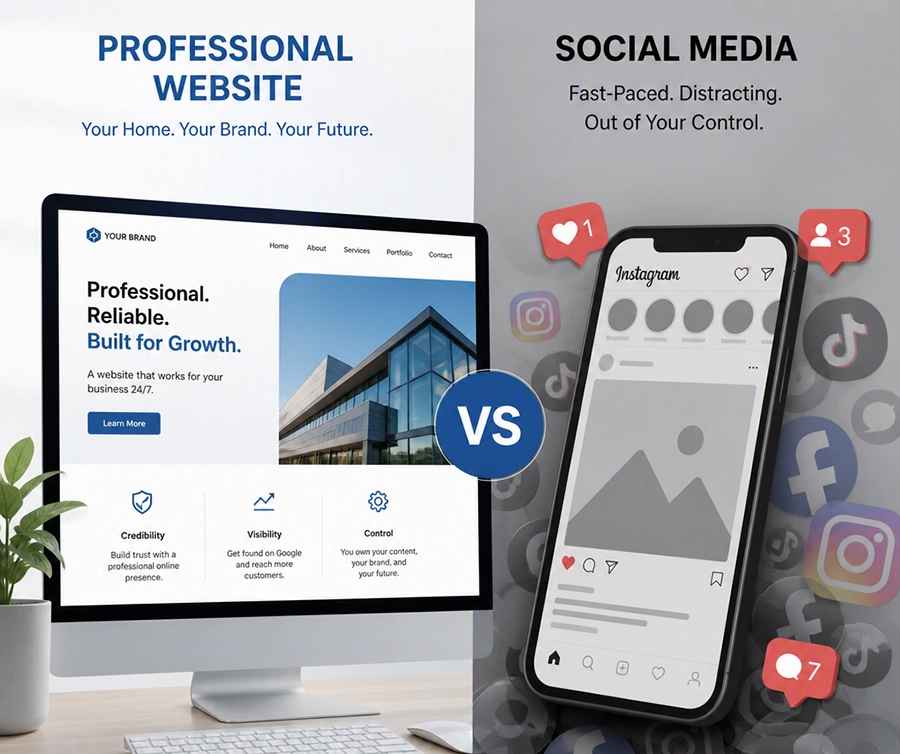 Comparison between a professional website and social media platforms showing stability versus fast‑paced trends